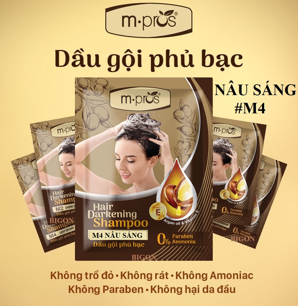 [Nâu Sáng] Dầu Gội Nhuộm Tóc Nâu Sáng Phủ Bạc 100% Thảo Dược Siêu Dưỡng M.PROS 25ml - M4