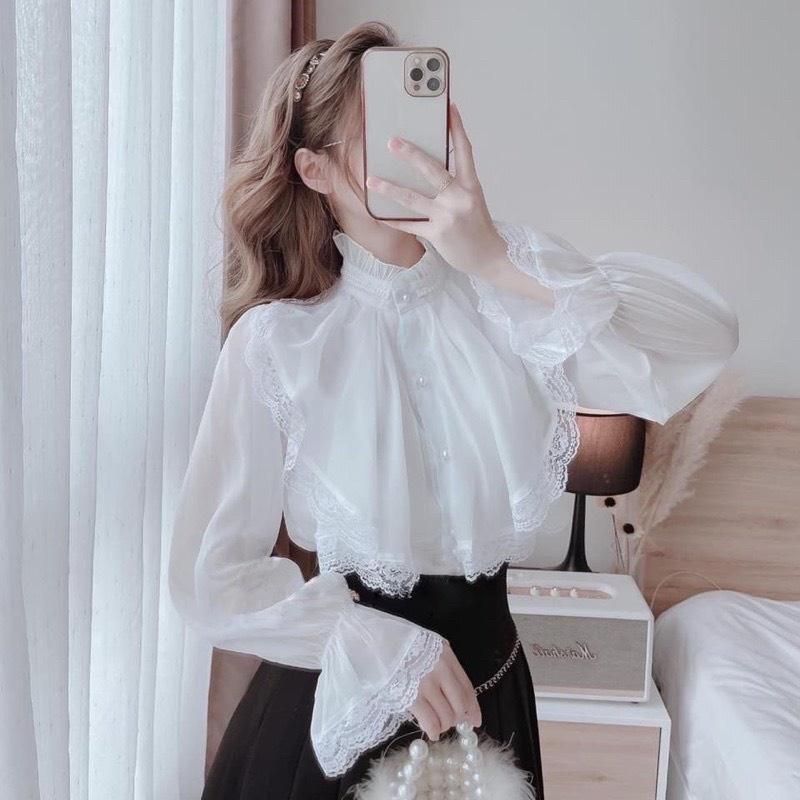 Áo sơ mi kiểu nữ cổ bèo phối ren 2 lớp bánh bèo sang chảnh