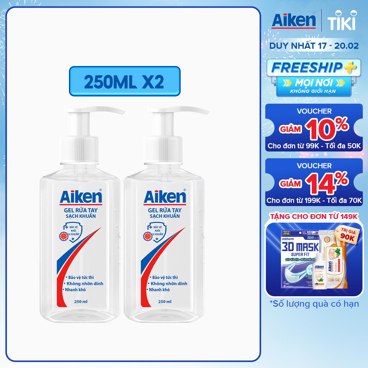 Aiken Combo 2 Gel rửa tay Sạch khuẩn 250ml/chai Dạng vòi