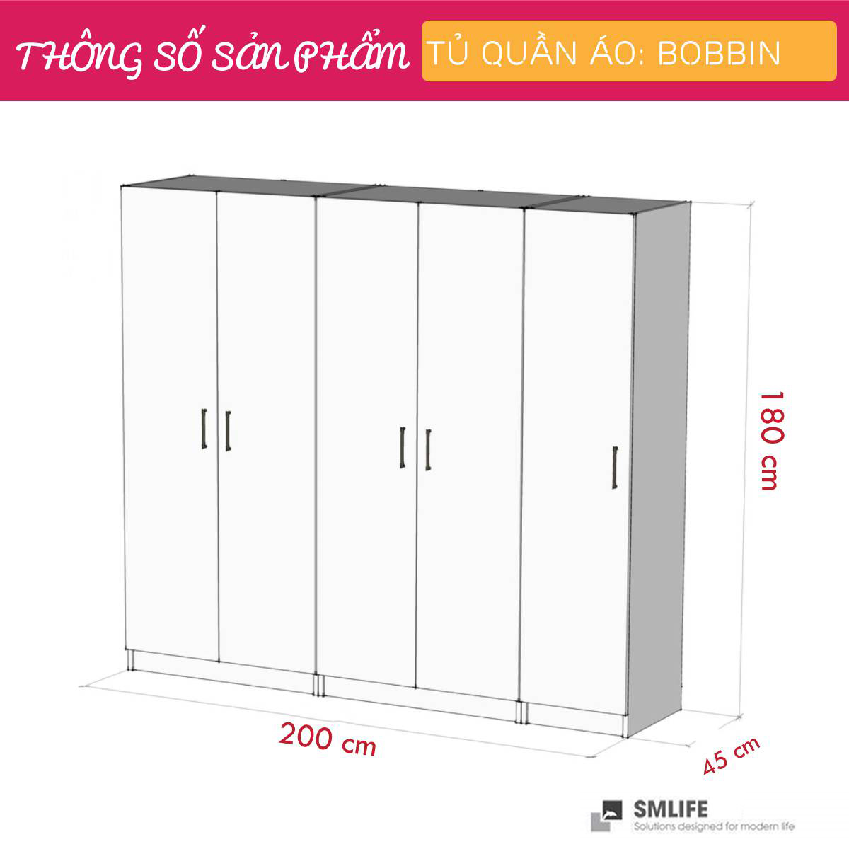 Tủ quần áo gỗ hiện đại SMLIFE Bobbin | Gỗ MDF dày 17mm chống ẩm | D200xR45xC180cm