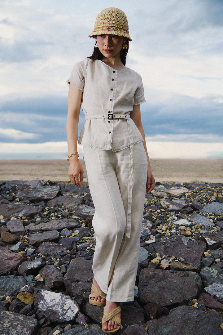 Áo Linen Tua Rua Rút Chỉ Lanh Xám TOP220 Thời trang thiết kế Hity