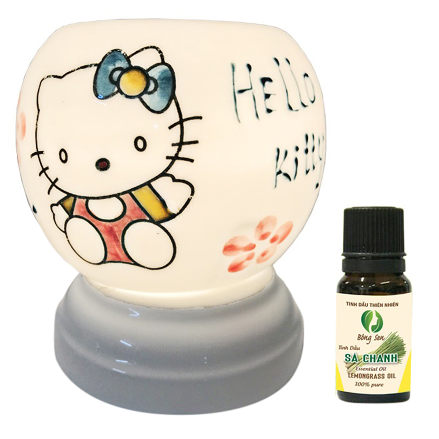 Đèn Xông Tinh Dầu Gốm Bát Tràng Hello Kitty - Tặng 01 Lọ Tinh Dầu Sả Chanh (10ml) - Hàng Chính Hãng