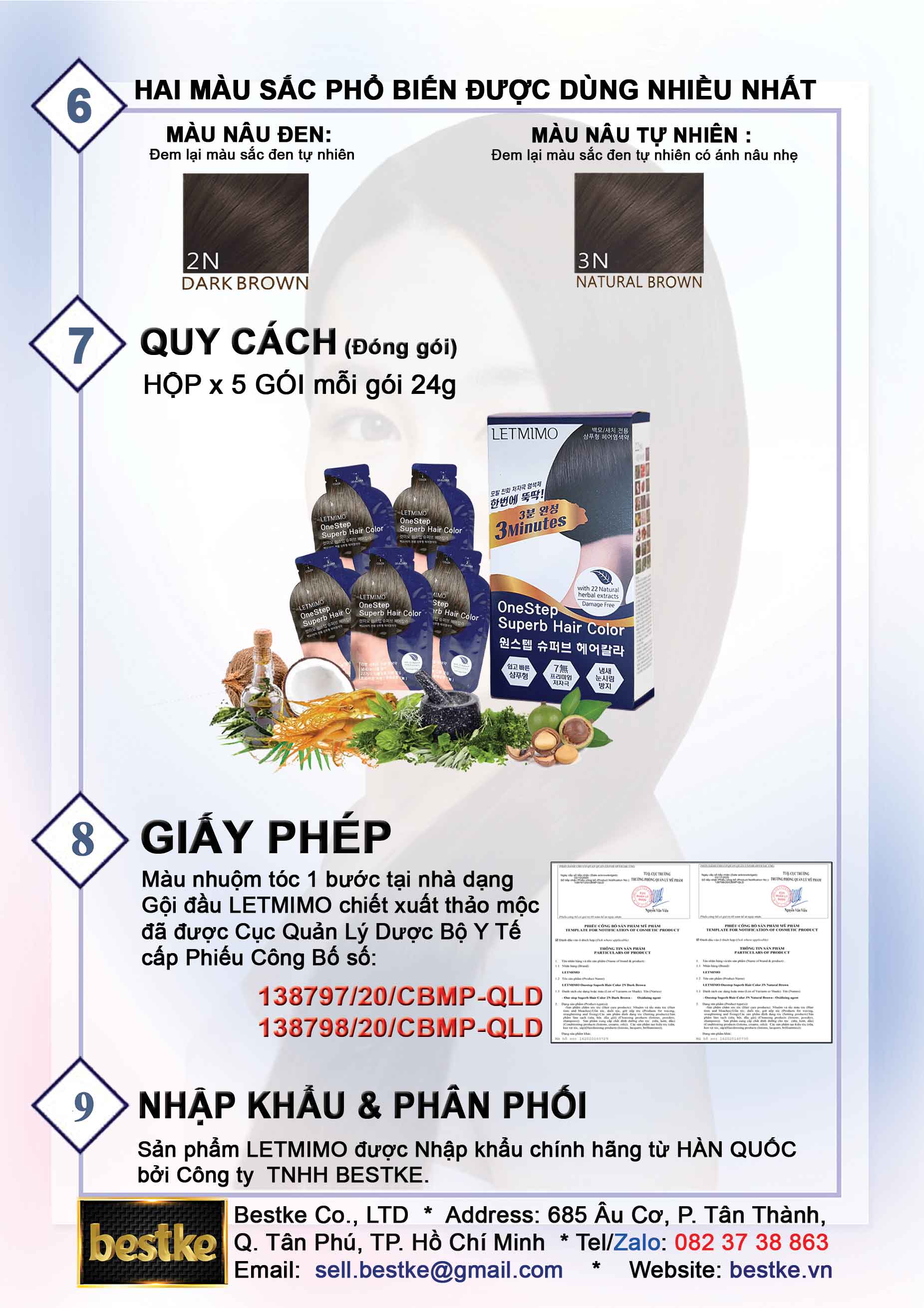 Phủ Bạc Dưỡng tóc Thảo Mộc, 2N Màu Nâu Đen (Nâu Đậm, nâu sậm, đen), HỘP 5 Gói = 5 LẦN DÙNG, LETMIMO, bestke