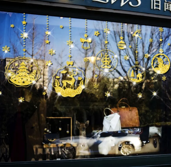 Decal trang trí Noel - Rèm trái châu lớn nhũ kim tuyến vàng lấp lánh