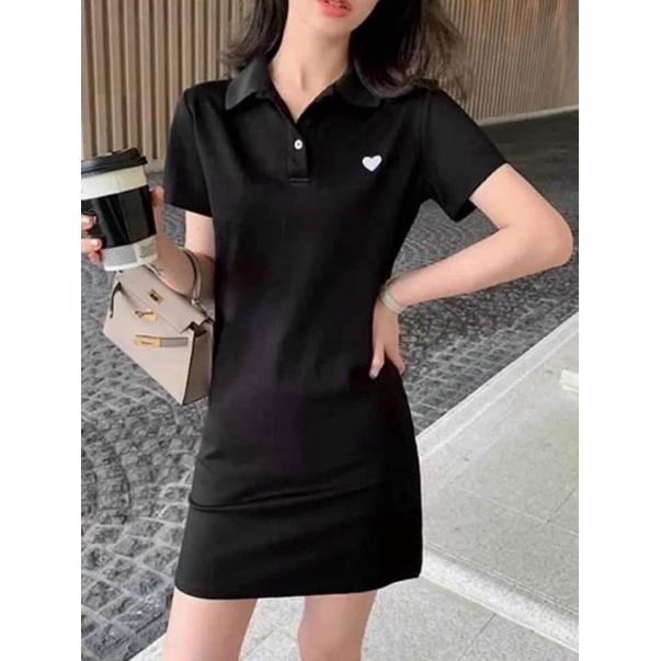 Đầm Polo Nữ Cộc Tay Viền Cổ Trắng, Váy Phông Cổ Bẻ Dáng Suông