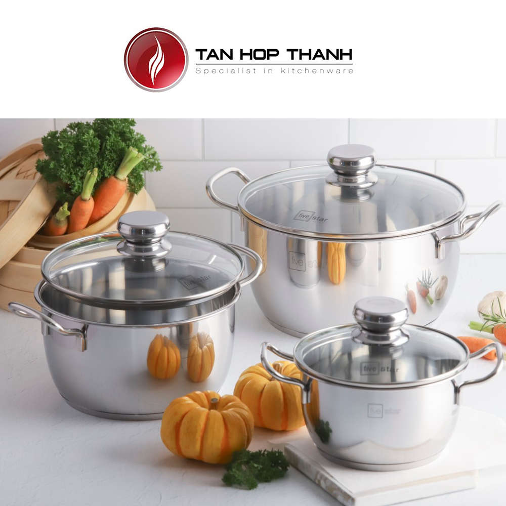 Bộ 3 Nồi Inox 3 Đáy 5 Ngôi Sao Royal Cool vung kính gồm 3 size 16cm, 20cm và 24cm