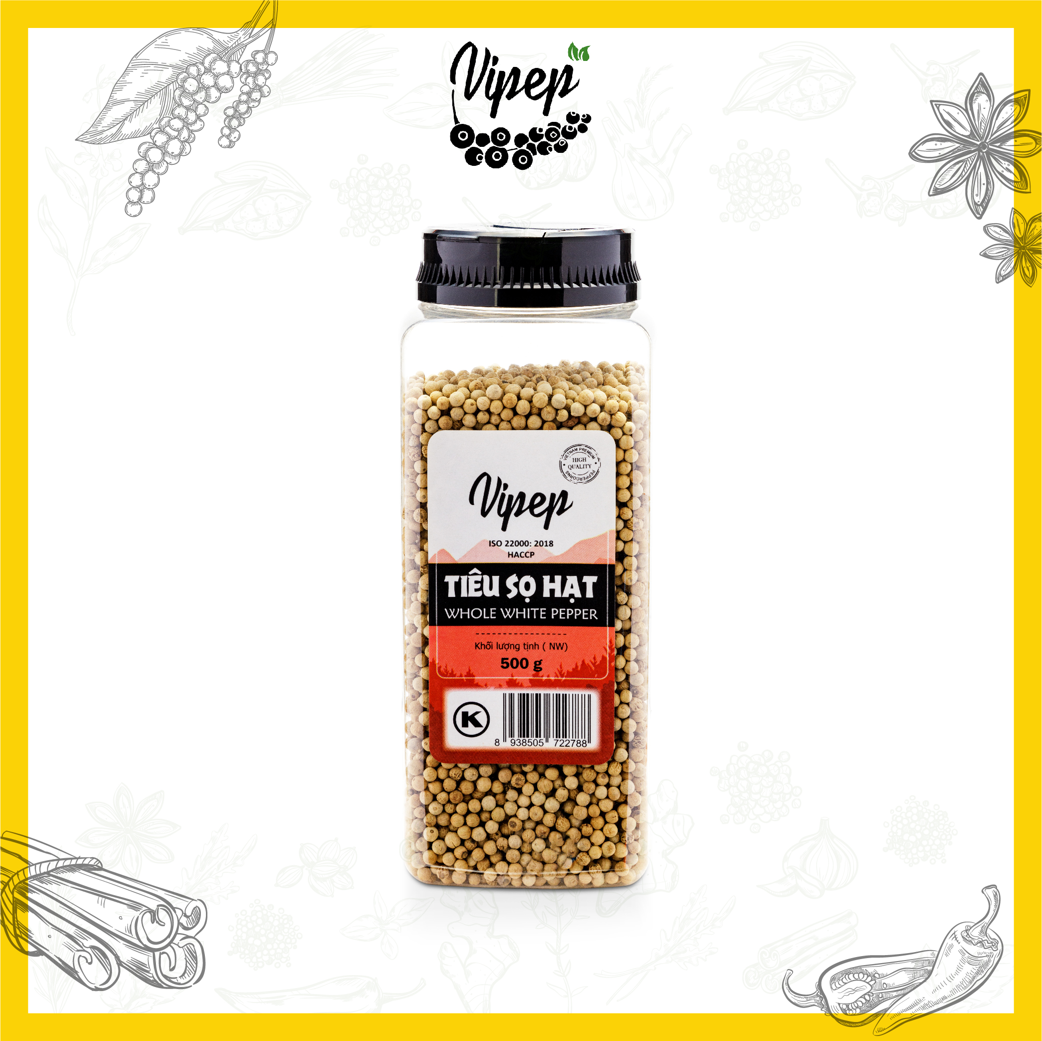 Hạt tiêu sọ Vipep trắng tự nhiên, trồng từ Đắk Lắk, không chất bảo quản, hũ lớn tiết kiệm