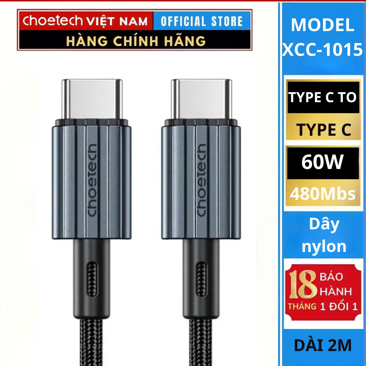 Cáp sạc Choetech XCC-1014/ XCC-1015 nhanh và truyền dữ liệu Type C to Type C 60W  Series- Hàng chính hãng