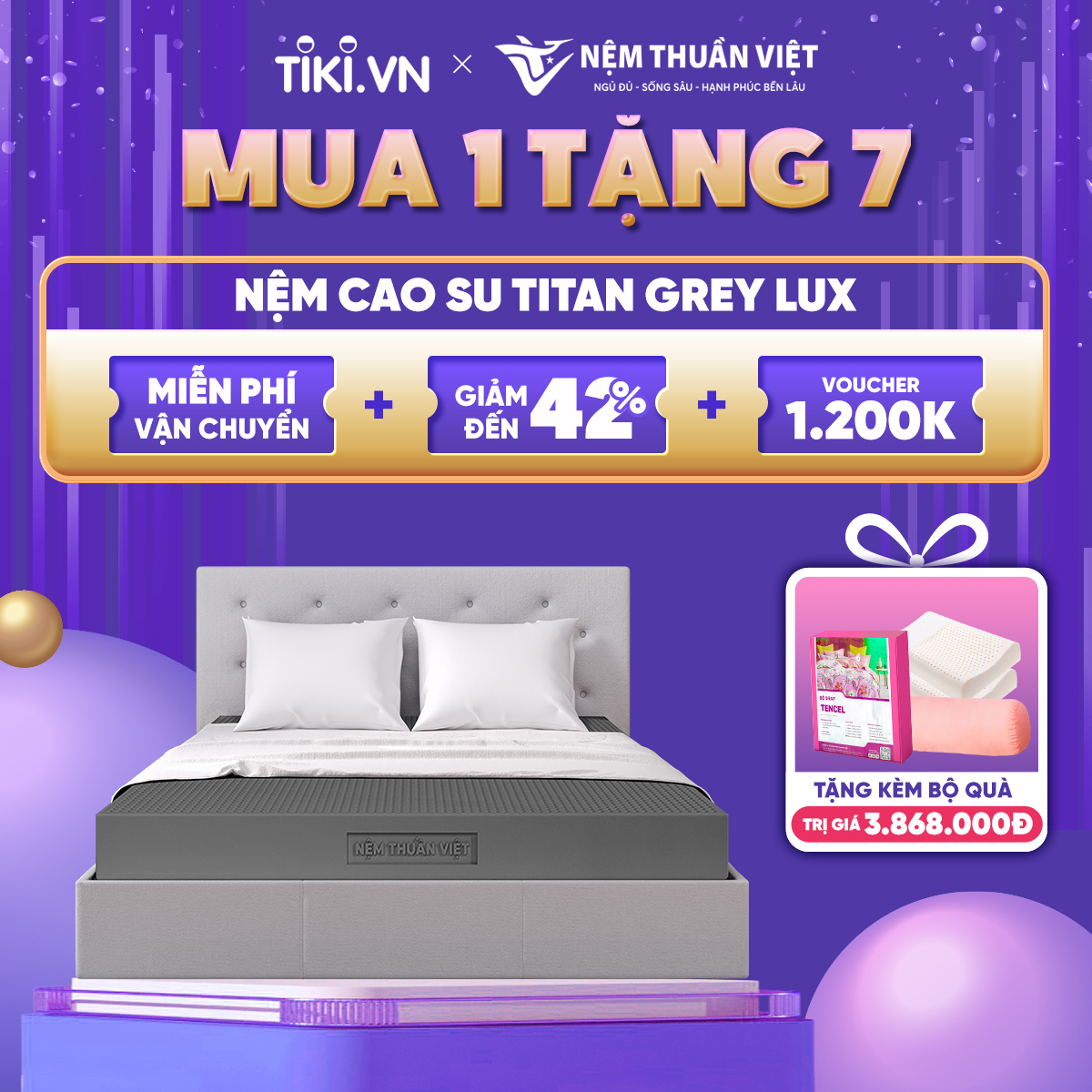 (1m2x2mx10cm) Nệm cao su than hoạt tính Thuần Việt Titan Grey - Miễn Phí Vận Chuyển, Bảo Hành 15 Năm, Trả Góp 0%