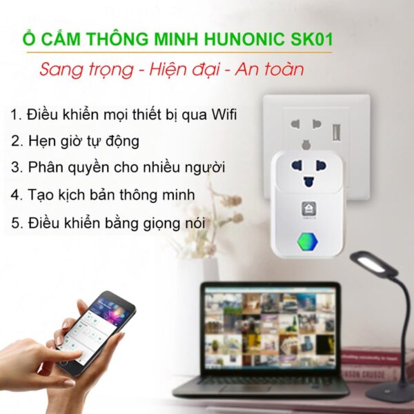 Ổ cắm thông minh Hunonic SK01 Điều khiển từ xa qua điện thoại [Hàng Chính Hãng]