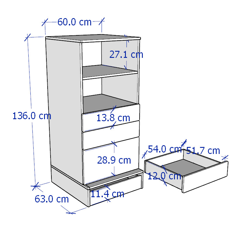 ZANOTTA, Tủ đựng đồ 2 tầng 4 ngăn kéo có tay nắm, Phong cách Bắc Âu, 60x63x136cm