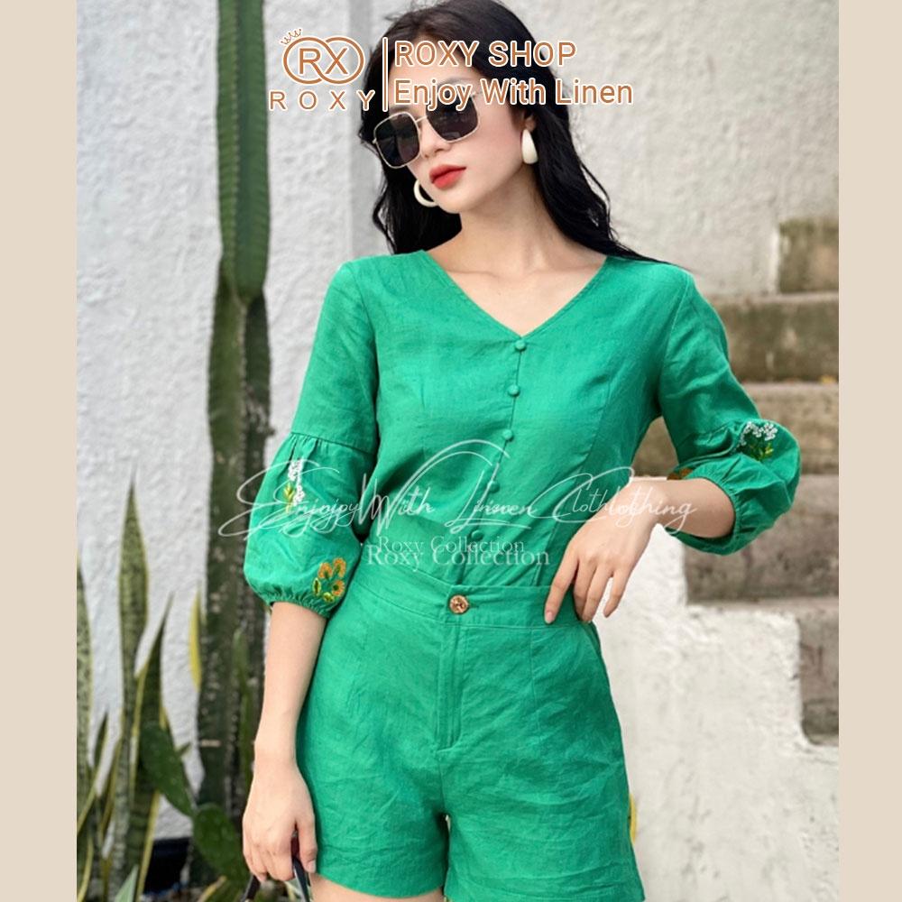 Set Bộ Đồ Nữ Linen Quần Đùi Áo Cổ Tim Tay Dài Thêu Hoa
