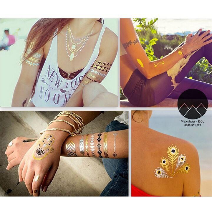 Hình xăm dán tatto nhũ ánh kim nghệ thuật 3D họa tiết henna 21*15cm boho style hình xăm 3d