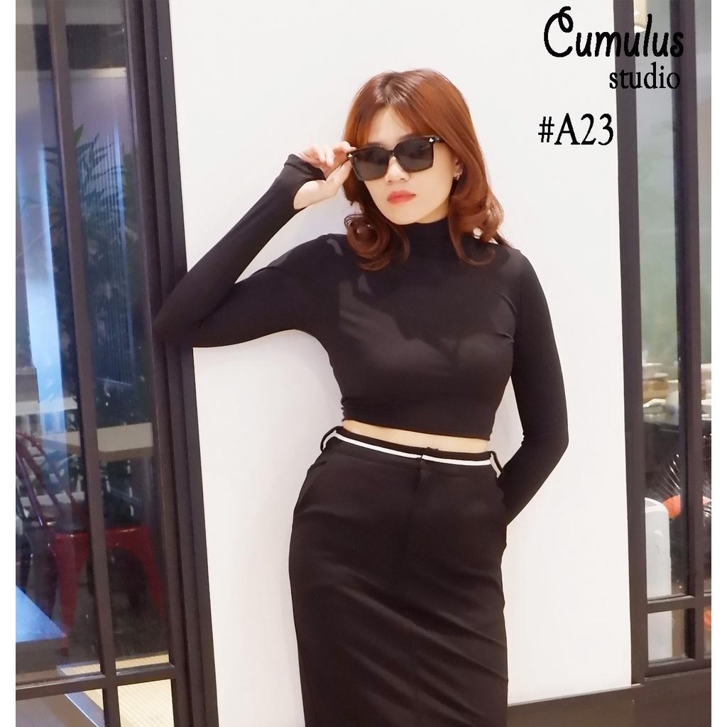 Áo croptop cổ cao tay dài xỏ ngón Cumulus chất thun gân lạnh A23