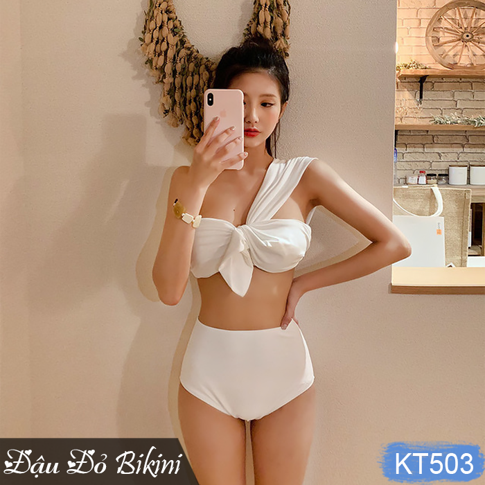 Bikini nữ trẻ trung, quần cạp cao kín đáo, áo dáng lệch vai cách điệu sexy, có sẵn đệm, bộ bơi phong cách Hàn quyến rũ | KT503