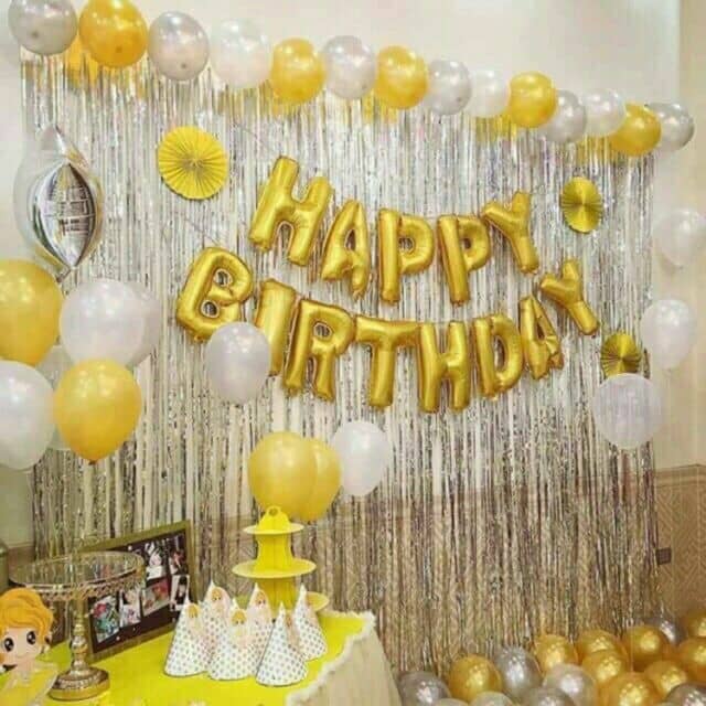 Combo Bóng trang trí sinh nhật Happy Birthday tặng 2 rèm  Kim Tuyến và  50 Bóng Nhũ