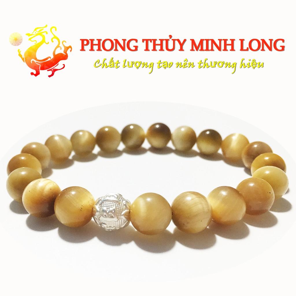 Vòng tay đá Mắt Hổ Vàng Tâm chất lượng 5A mix 1 hạt kim tiền Bạc hợp mệnh Thổ và mệnh Kim