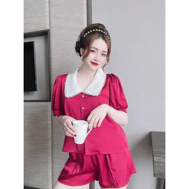 Bộ Pijama, Bộ Lụa LATIN CAO CẤP, Đồ Mặc Nhà Kiểu Quần Ngắn, Lá Cổ Trắng Viền Ren, Hàng Đẹp May Kỹ, Phom Dưới 58kg