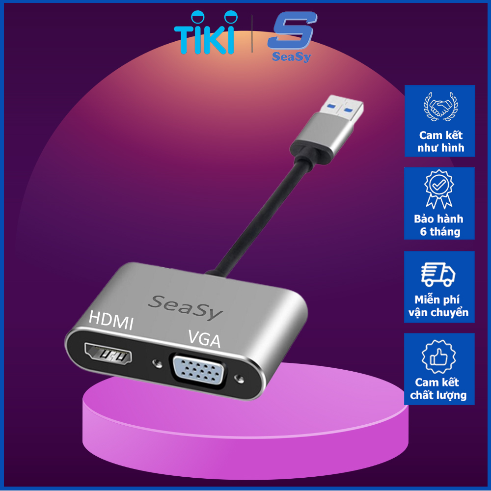 Hub Chuyển Đổi USB Sang HDMI/VGA/Audio SeaSy, 1 Cổng HDMI, 1 Cổng VGA, 1 Cổng Audio 3.5 mm, Tương Thích Với Windows Và Mac OS, Dùng Cho Laptop/Máy Tính/Máy Chiếu/Tivi - Hàng Chính Hãng