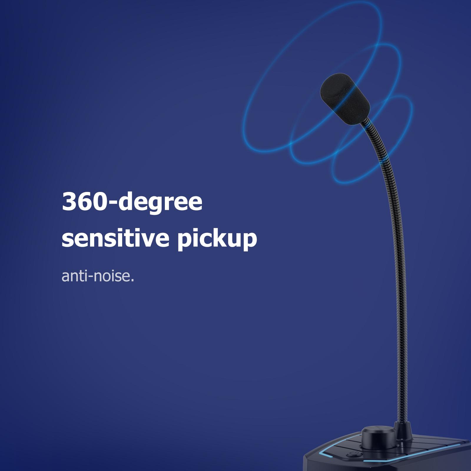 USB Desk Microphone Plug & Play 360 Degree Omnidirectional Microphone with Built-in LED Light Desktop Condenser Mic