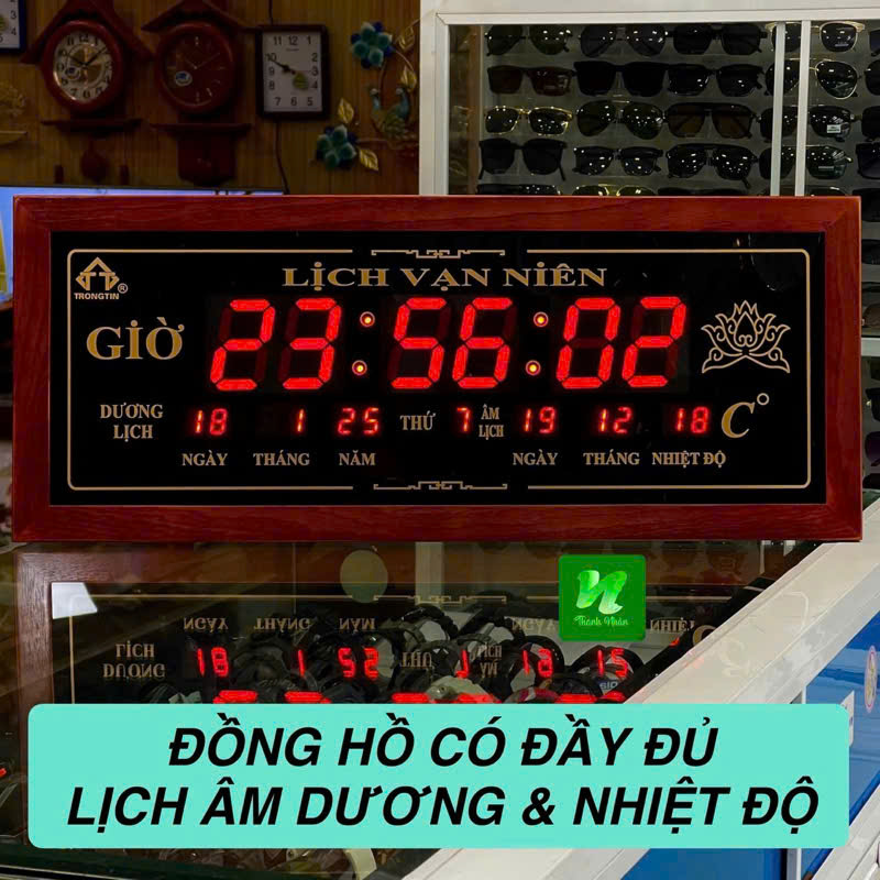 đồng hồ lịch vạn niên số lớn kịch thước 30x70 khung gỗ tự nhiên.