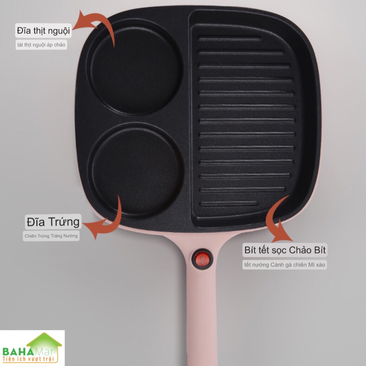 CHẢO ĐÁ ĐIỆN MINI CHỐNG DÍNH CHIA 3 NGĂN TIỆN SỬ DỤNG CHO BẾP "BAHAMAR" Chảo chia 3 ngăn, 2 ngăn tròn làm bánh, ngăn to dùng chiên, xào tiện lợi.