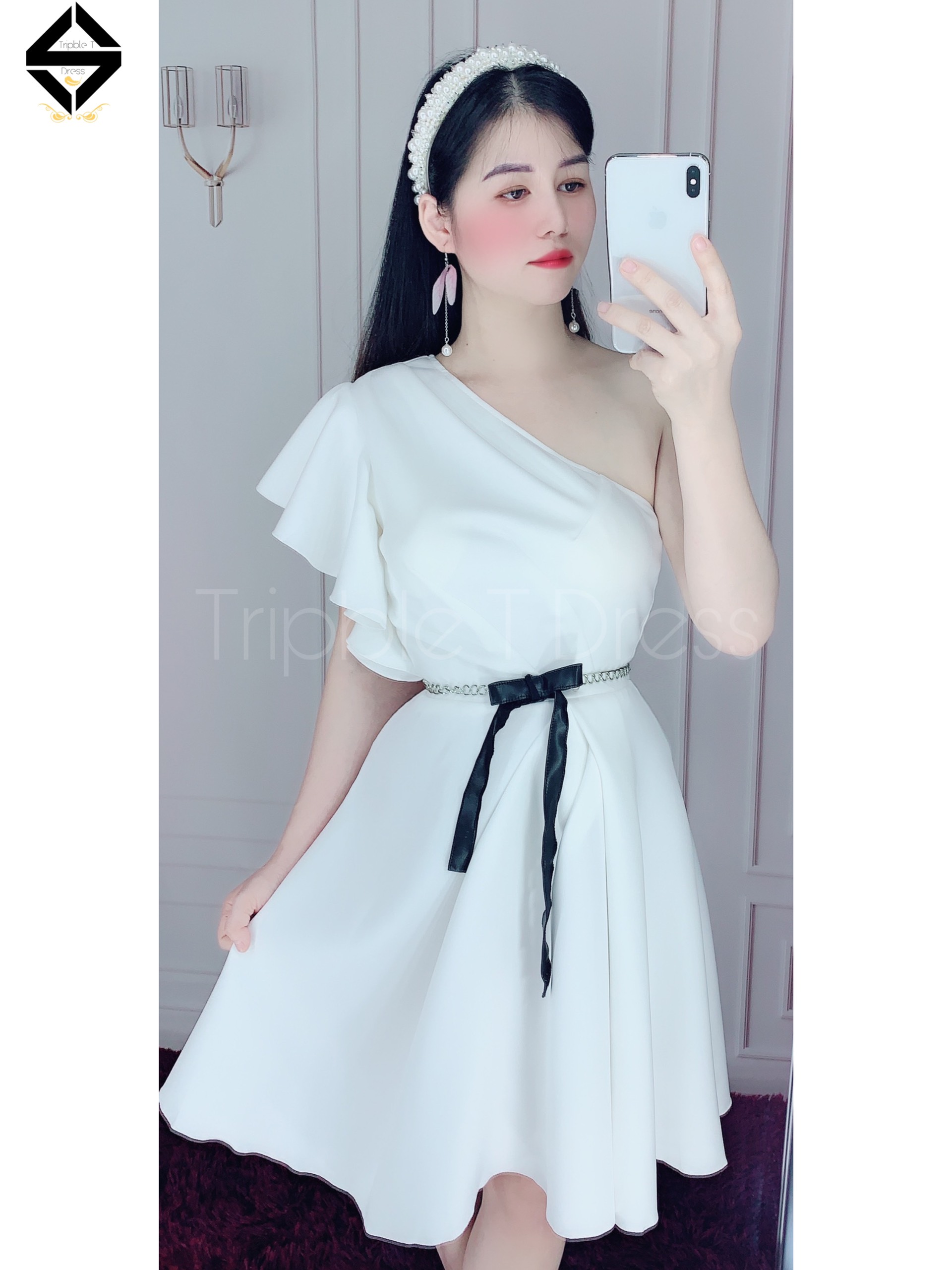 Đầm dự tiệc lệch vai kèm đai eo y hình TRIPBLE T DRESS - size M/L/XL ( ảnh/video thật) MS154V