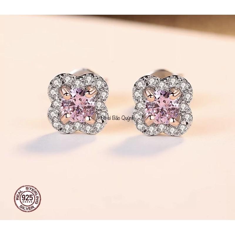 Bông tai đính fianit màu hồng, bạc ý 925