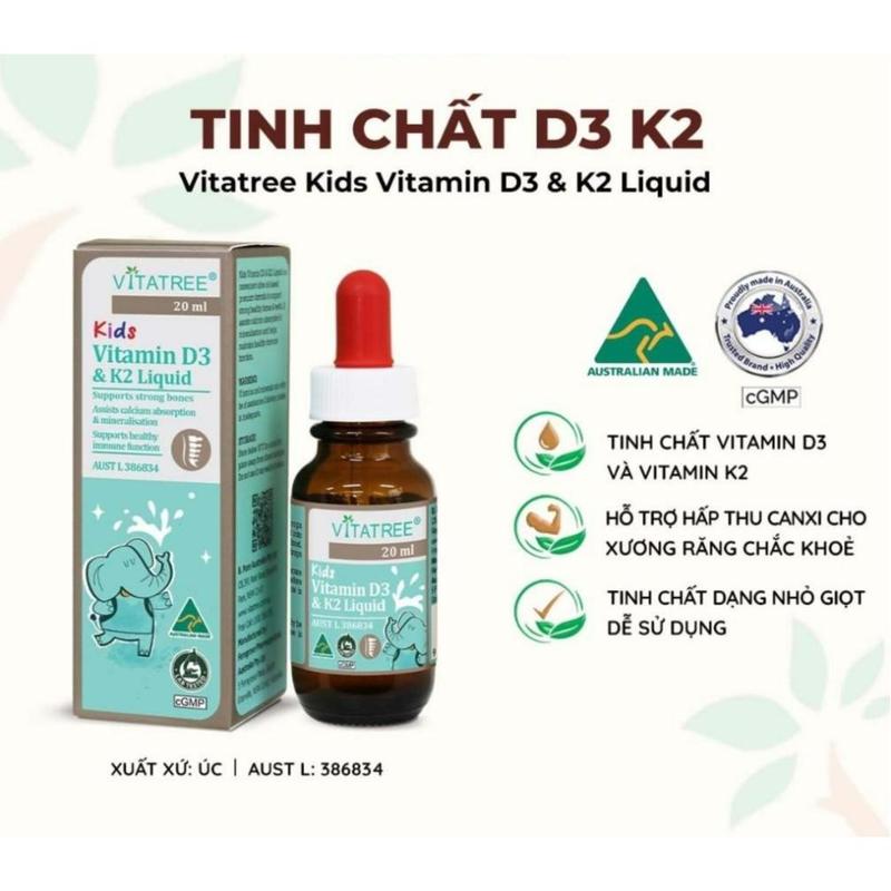 Tinh chất D3 K2 hỗ trợ hấp thu canxi cho trẻ Vitatree Kids Vitamin D3 &amp; K2 Liquid 20ml