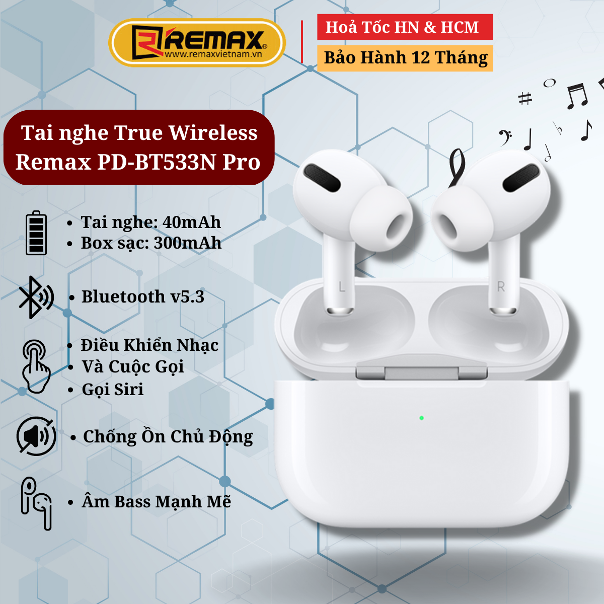 Tai Nghe True Wireless TWS Remax PD-BT533N Pro Âm Bass Mạnh Mẽ - Đổi Tên - Chống Ổn Xuyên Âm - Chạm Cảm Ứng - Hàng Chính Hãng Remax Bảo Hành 12 Tháng Lỗi 1 đổi 1
