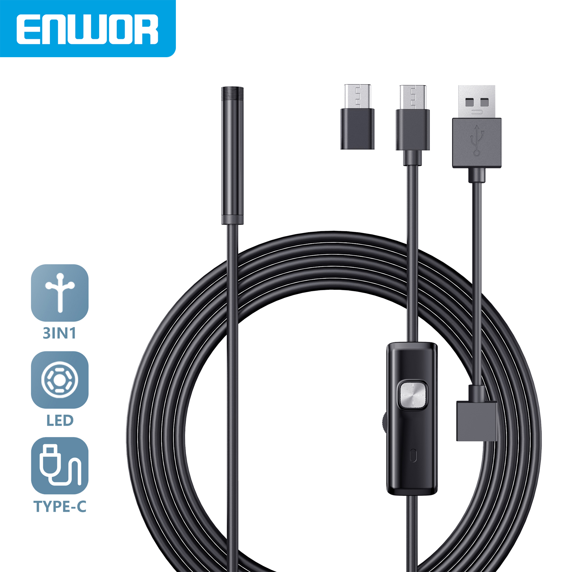 ENWOR Camera Nội Soi Công Nghiệp IP67 Chống Nước 5.5mm 7mm 3IN1 Cho Điện Thoại Android PC USB Camera Nội Soi 6 Đèn LED Có Thể Điều Chỉnh