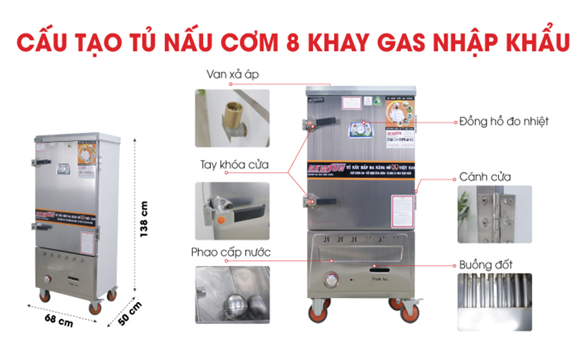 Tủ Nấu Cơm 24 Kg Gạo/ Mẻ Bằng Gas 8 Khay Nhập Khẩu NEWSUN - Hàng Chính Hãng