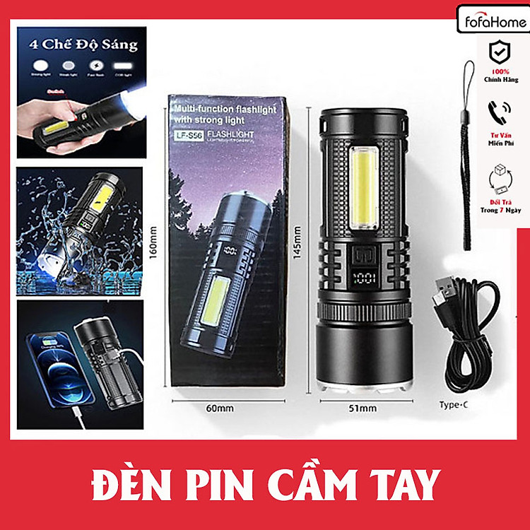 Đèn Pin Siêu Sáng, Đèn Pin Chiếu Sáng Cầm Tay Cao Cấp 4 Chế Độ Sáng Sạc Sạc Nhanh Type C Chiếu Sáng Khoảng Cách Lên Đến 200m Tích Hợp Đèn COB Tích Hợp Làm Pin Dự Phòng Chống Nước Tuỳ Chỉnh Được Tiêu Cự