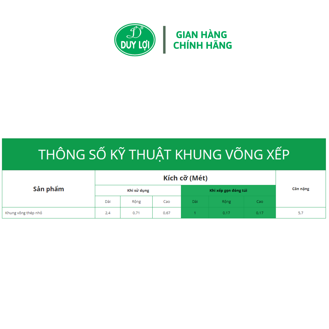 VÕNG XẾP DUY LỢI KHUNG THÉP - CỠ NHỎ - DÀNH CHO NGƯỜI 1m55
