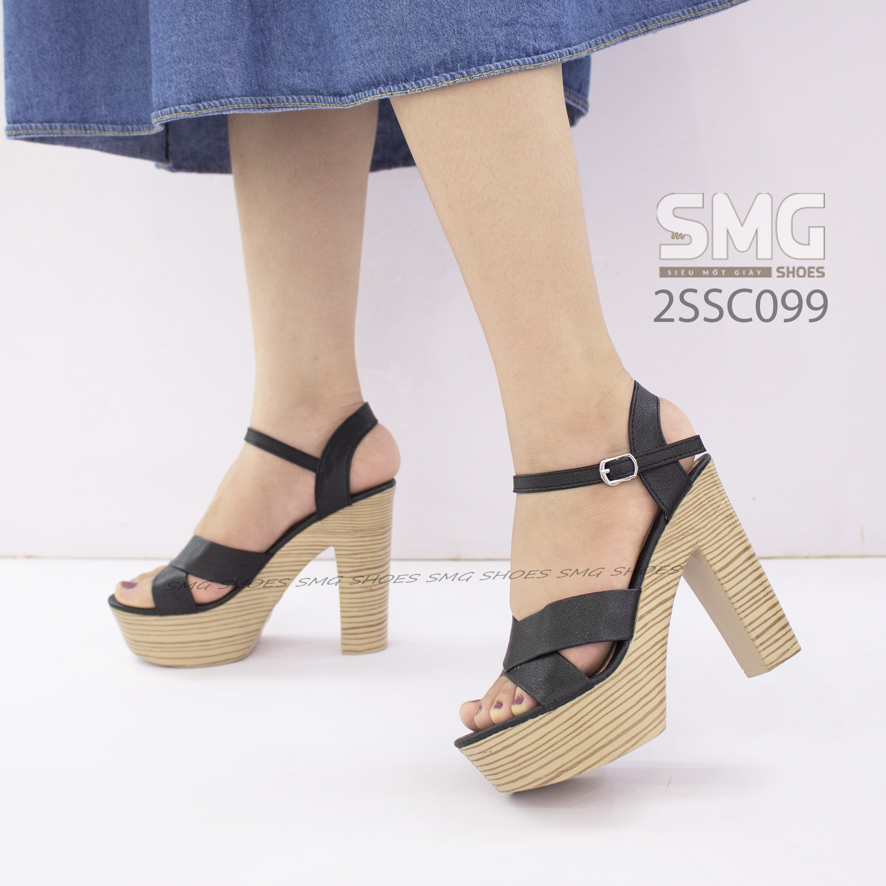  Sandal đế gộc cao 12p form ôm, tôn chân hack dáng