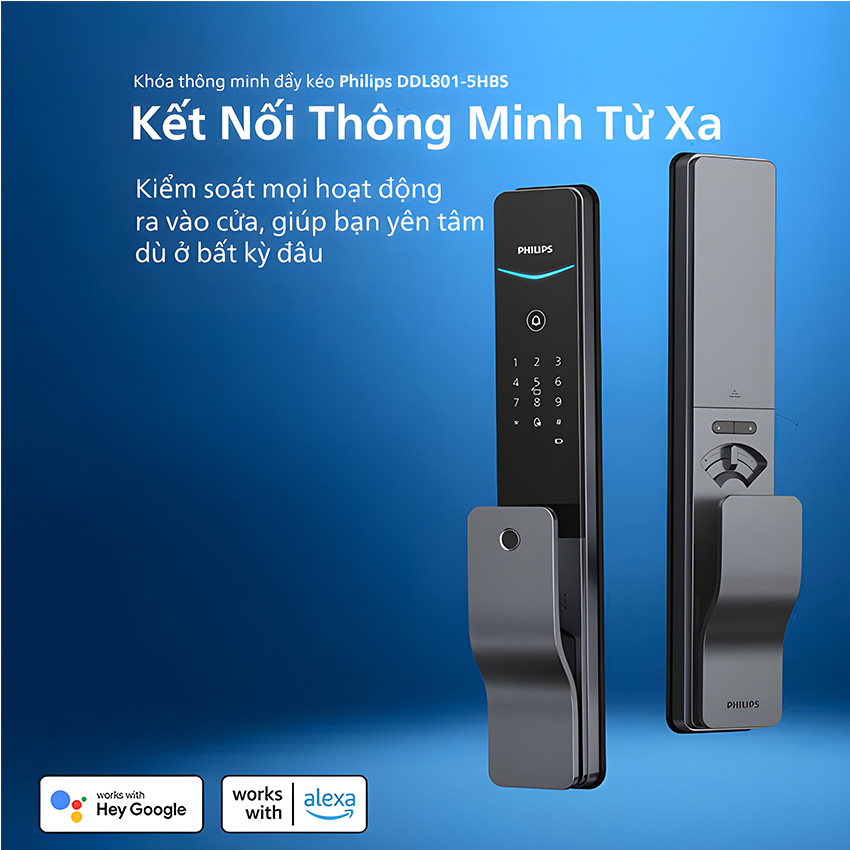 [CHÍNH HÃNG] Khóa cửa thông minh Philips DDL801-5HBS – Điều khiển từ xa, vân tay, thẻ từ, mật khẩu, chìa cơ, tích hợp chuông cửa