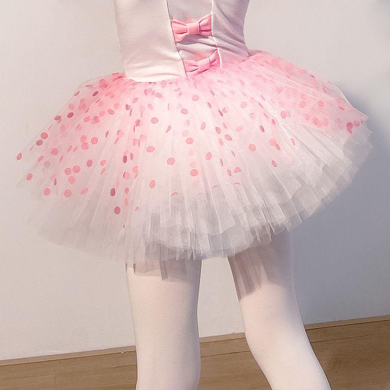 Đầm múa ballet cho bé gái - Mẫu áo trắng tay dài, váy chấm bi hồng