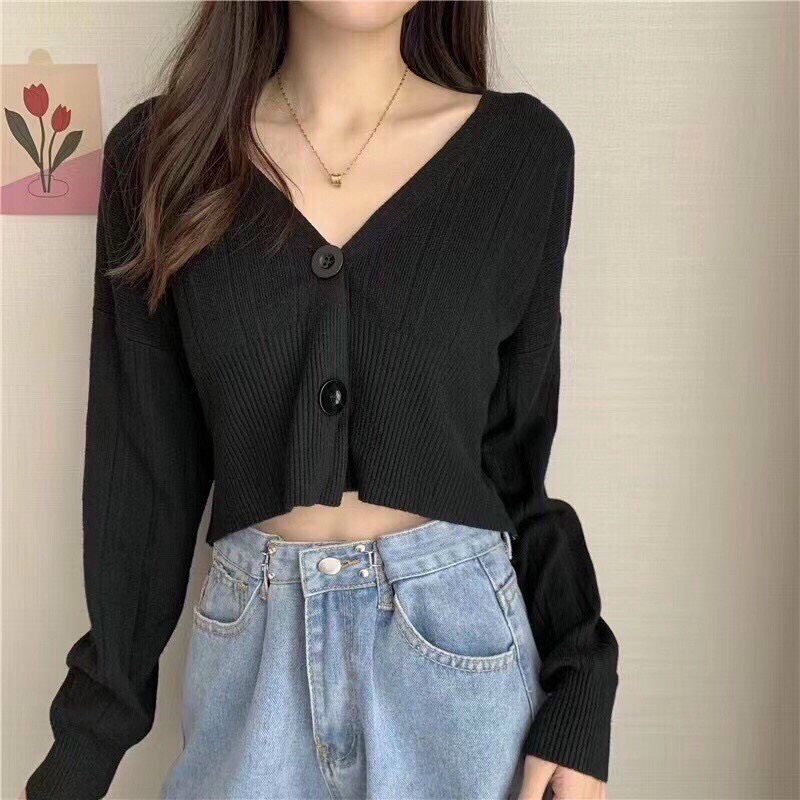 Áo cardigan 2 cúc dáng croptop len mềm xinh xắn