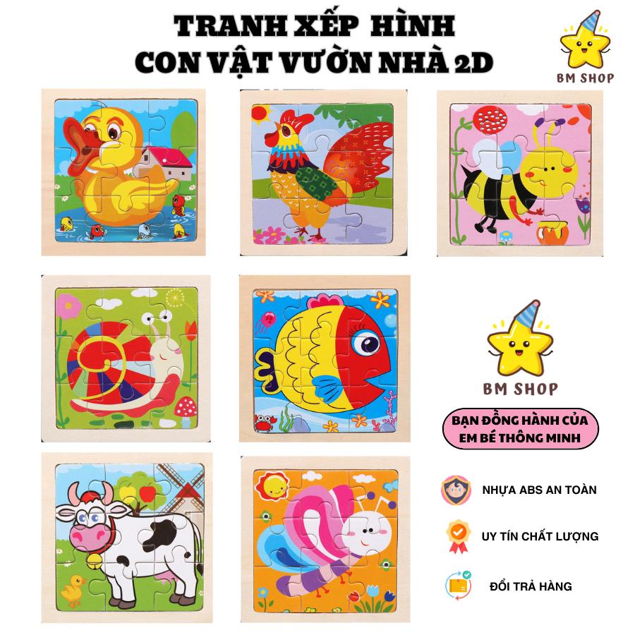 Tranh xếp hình, ghép hình gỗ 2D, 9 miếng, mẫu động vật vườn nhà BM chất liệu an toàn cho bé