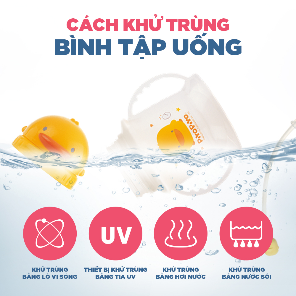 Bình tập uống hai tay cầm cho bé Piyo Piyo 250ml, nắp trượt mở dễ, ống hút 360 độ ngăn tràn