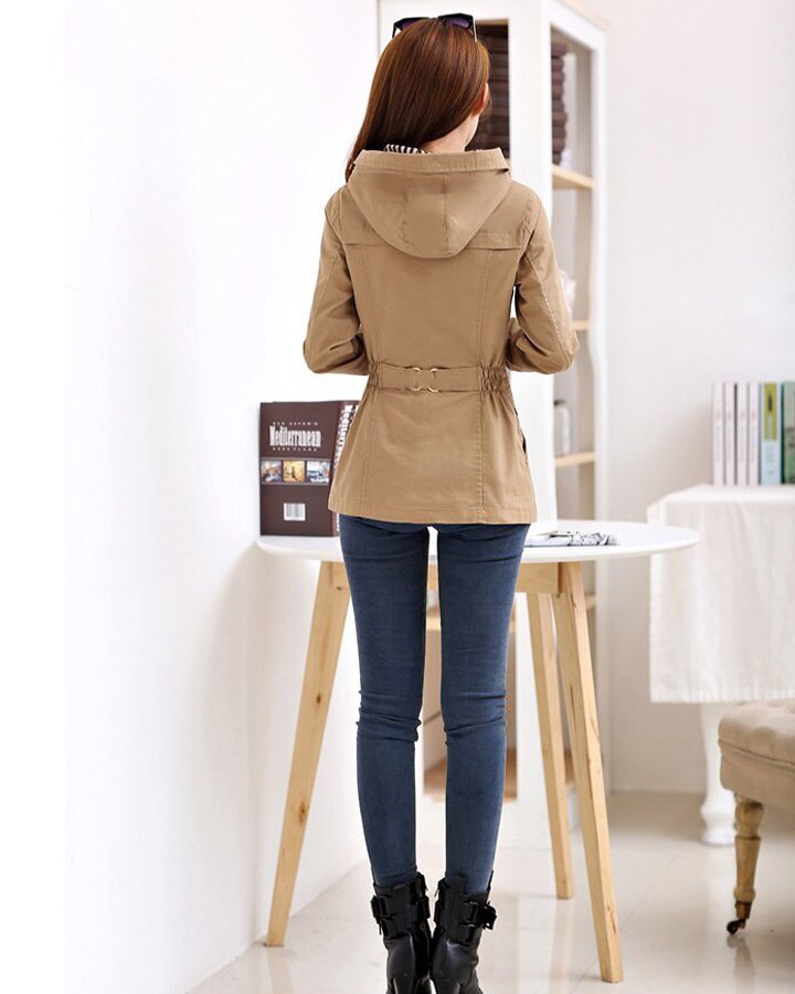 Áo Khoác Kaki Nữ phong cách Hàn Quốc nhún eo có mũ trùm