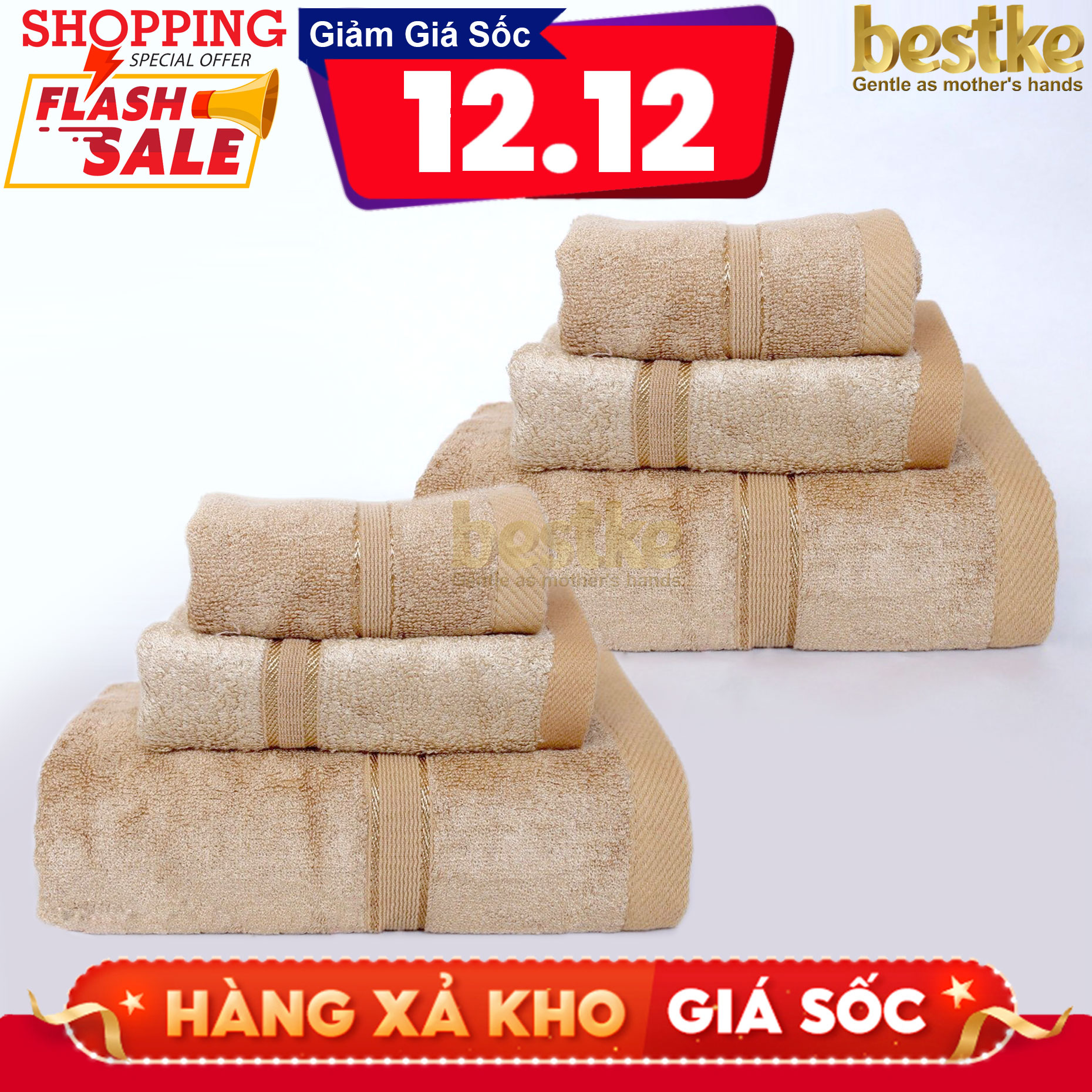 COMBOO 2 BỘ = 6 Khăn Tắm, Khăn Gội, Khăn Mặt Bamboo Bestke Cao cấp Xuất khẩu Hàn Quốc màu Cafe Sữa, Bamboo Towel