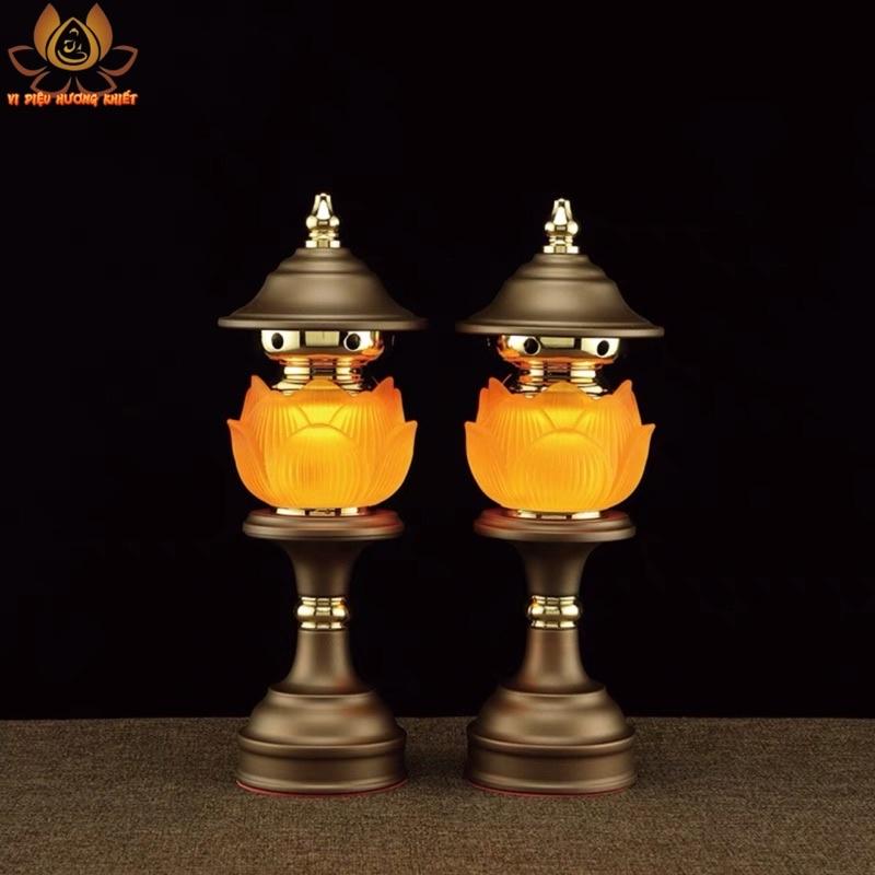 CẶP 2 CÂY ĐÈN LED HOA SEN LƯU LY ĐỎ CAM VÀNG THỜ CÚNG TRANG TRÍ