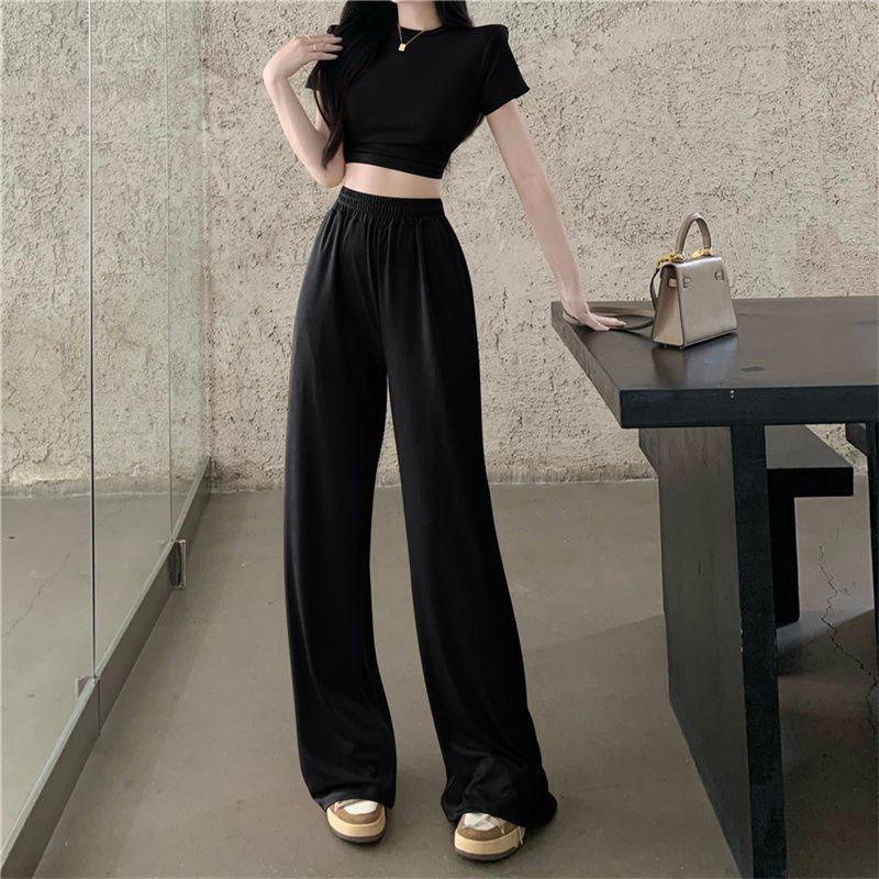 Set Áo Croptop Nữ Cộc Tay Day Lưng Kèm Quần Dài Ống Rộng 2 Màu