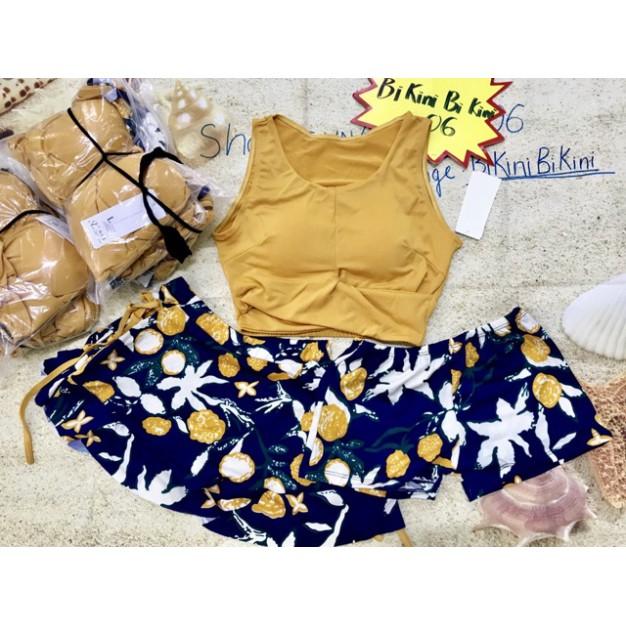 Đồ bơi áo tắm bikini 3 mảnh - Vàng 3 mảnh váy hoa,L ( 50-58kg)