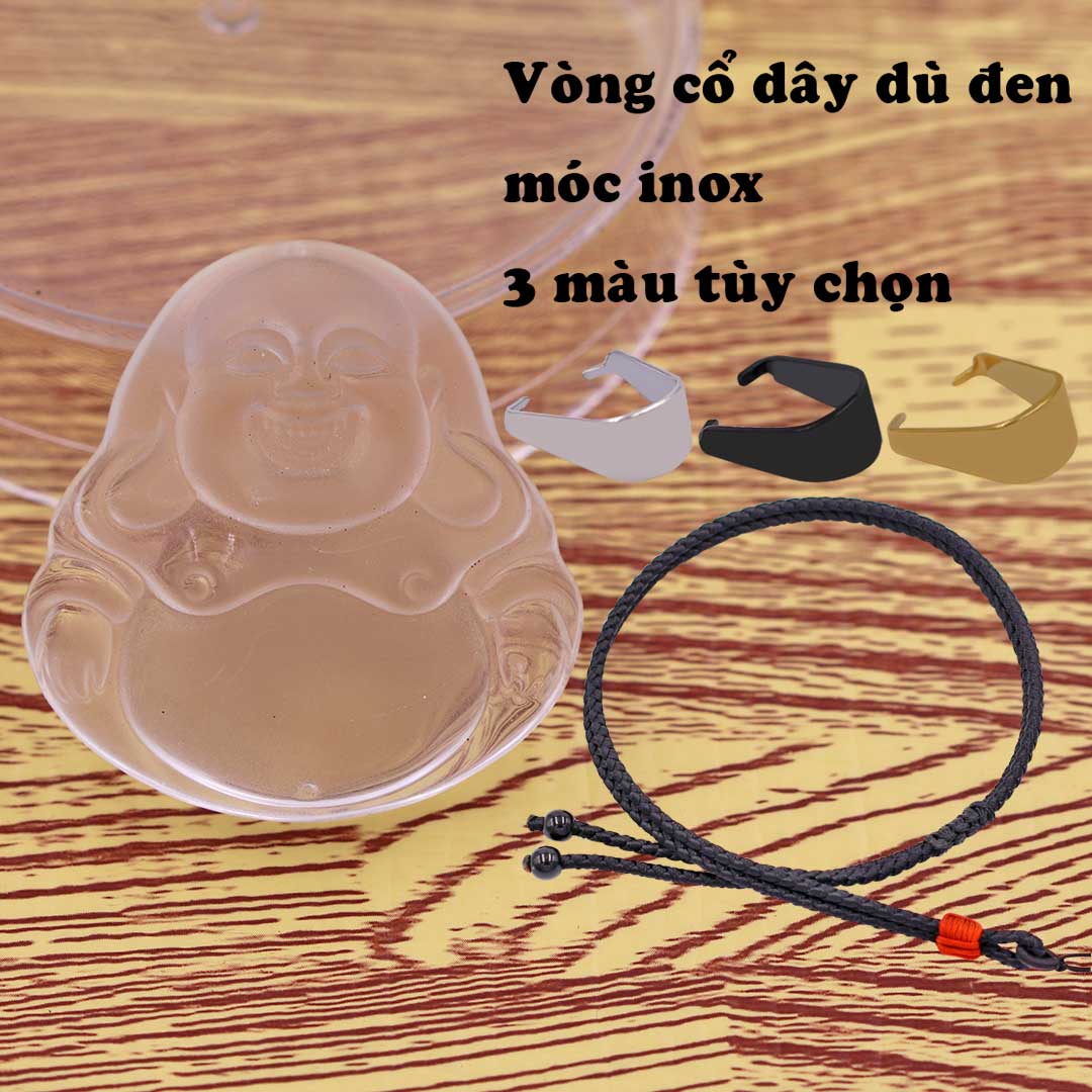Mặt Phật Di lặc pha lê trắng 4.5 cm  kèm vòng cổ dây dù đen + móc inox trắng, mặt dây chuyền Phật cười