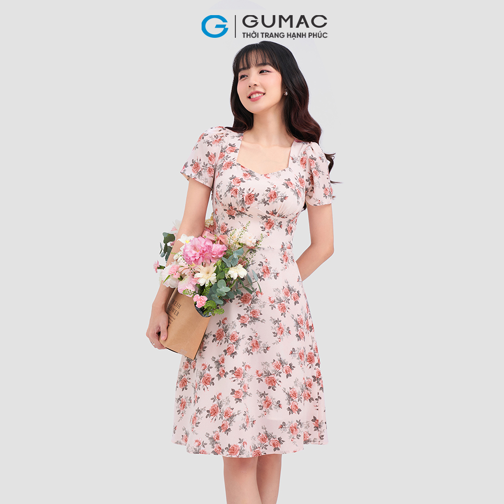 Đầm dáng xòe GUMAC DC12009 họa tiết hoa lưng kiểu