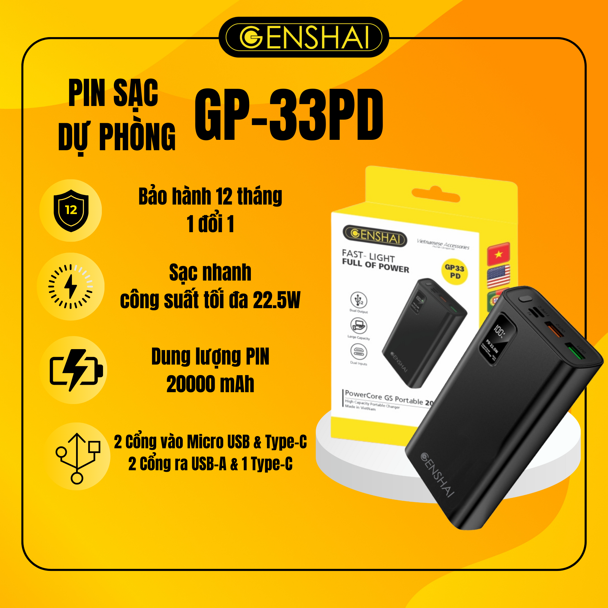 Pin sạc dự phòng Genshai hàng chính hãng GP-33PD 20.000mAh tích hợp sạc nhanh PD &amp; QC 3.0 IBảo hành 12 tháng 1 đổi 1I Made in Việt Nam