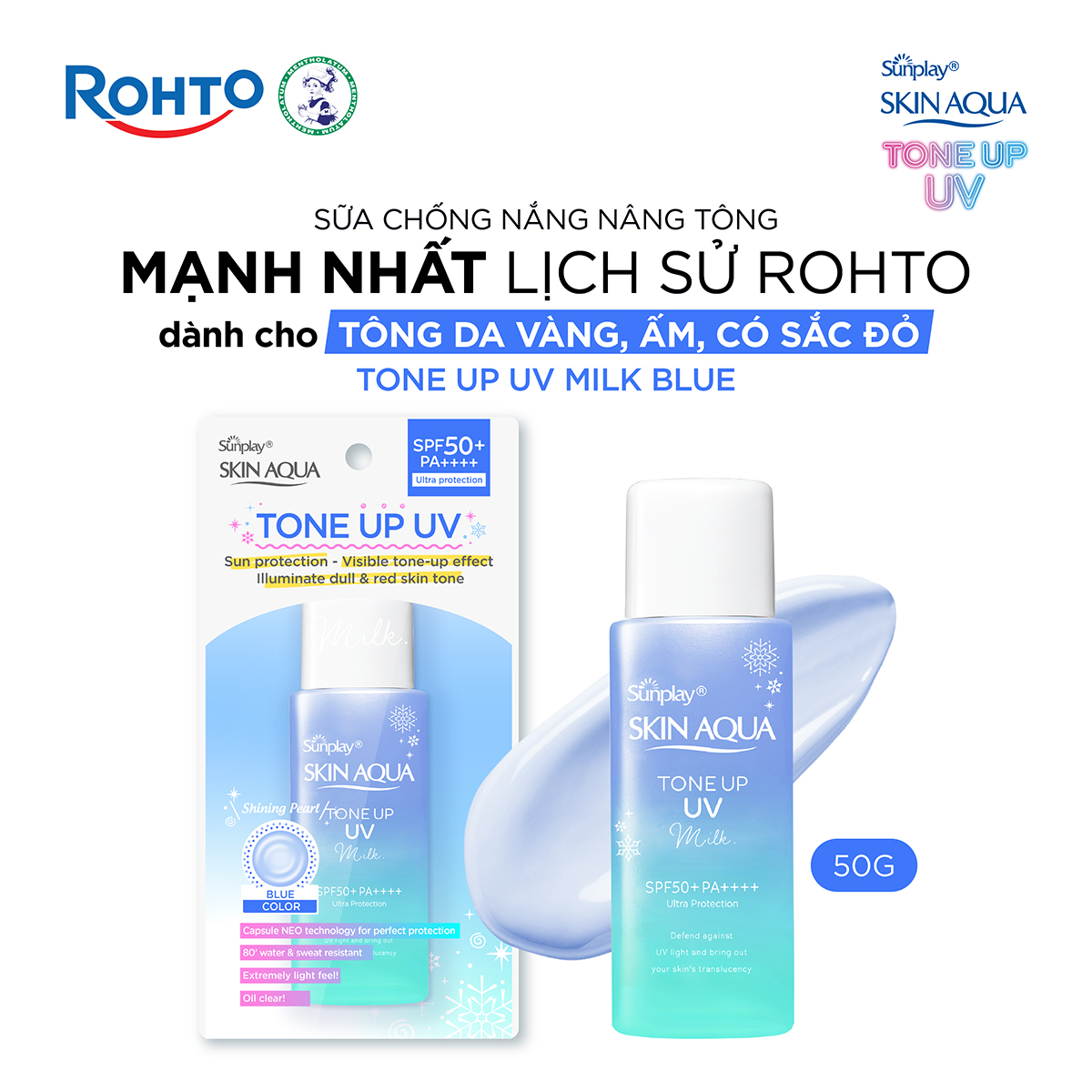 Kem chống nắng nâng tông Skin Aqua Tone up Blue cho da vàng có khuyết điểm đỏ, dạng sữa Sunplay Skin Aqua Tone Up UV Milk Blue SPF 50+ PA++++ 50g