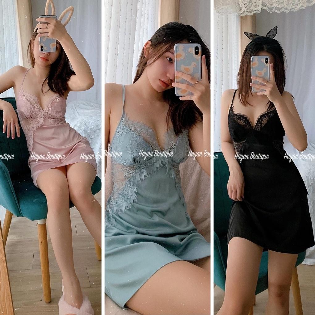 Váy ngủ sexy ren viền eo, váy ngủ lụa phối ren gợi cảm KÈM MÚT NGỰC #HT50